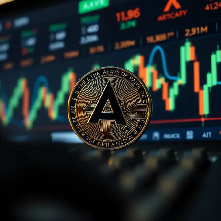 Graph showing the upward trend of Aave coin price with market indicators in background