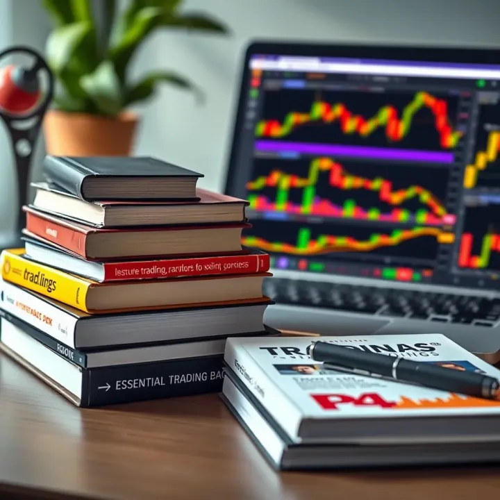Stack of trading books and a laptop displaying financial charts