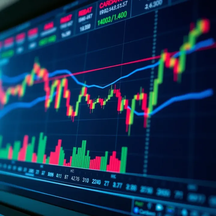 Chart displaying Cardano price trends with technical indicators and volume bars