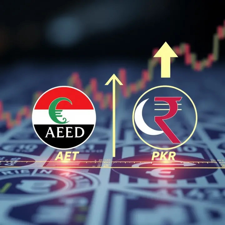 Currency Market Fluctuations Between AED and PKR Illustration of currency symbols for UAE Dirham and Pakistani Rupee with upward and downward arrows representing market fluctuations