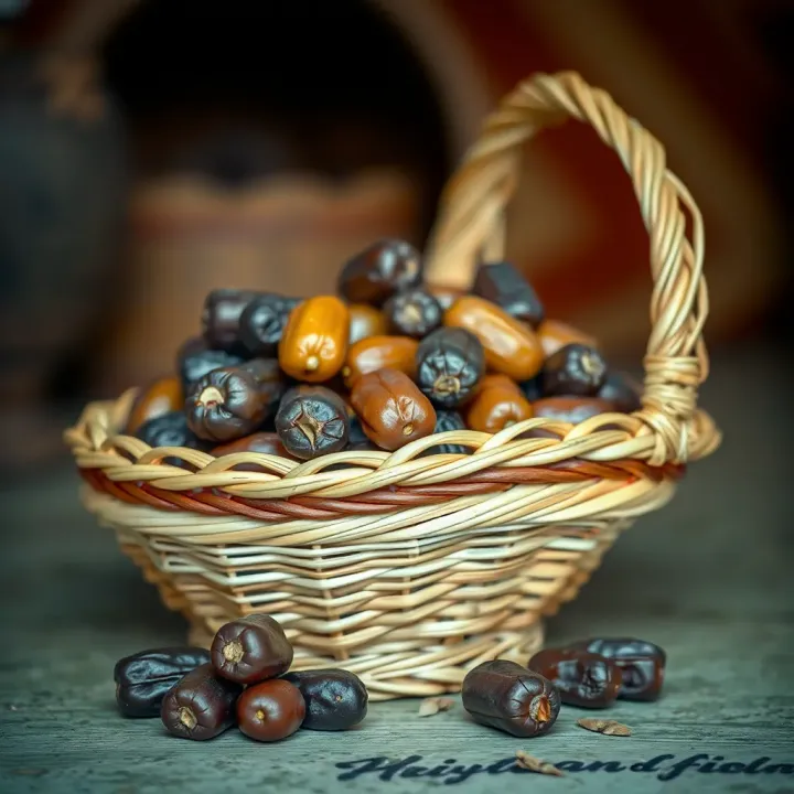 Cultural Significance of Dates in Pakistani Households Traditional woven basket filled with fresh dates placed on a rustic table highlighting the fruit's cultural importance