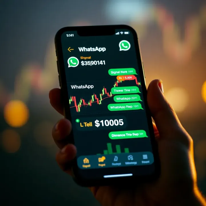 Conceptual illustration of mobile phone screen displaying cryptocurrency charts and WhatsApp chat with signal alerts