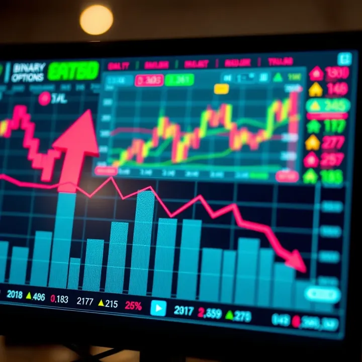 Graph showing binary options trading trends with rising and falling arrows representing market fluctuations