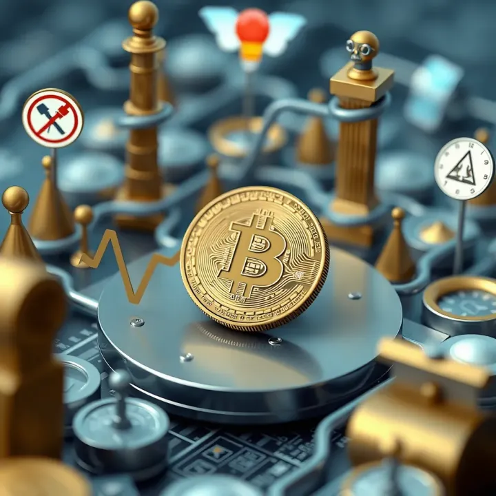 Digital representation of Bitcoin surrounded by icons symbolizing regulations, investment, and market risks