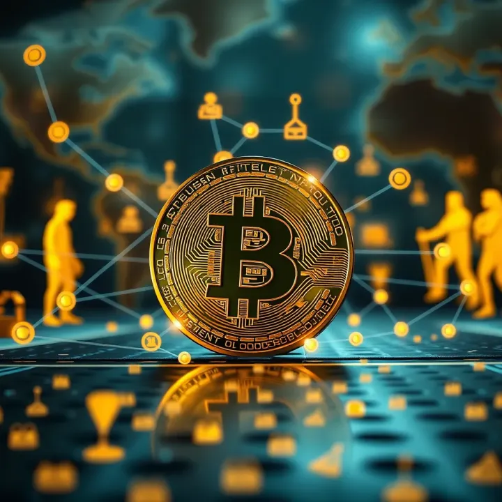 Impact of Regulation and Global Adoption on Bitcoin's Future Abstract representation of digital currency surrounded by regulatory symbols and global network connections