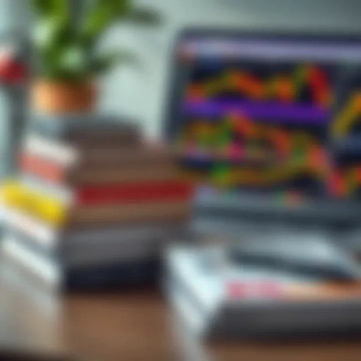 Stack of trading books and a laptop displaying financial charts