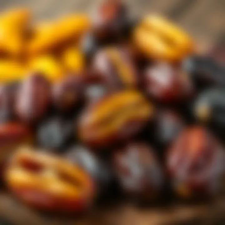 Close-up of various date fruit varieties arranged on a wooden surface showcasing their distinct colors and textures