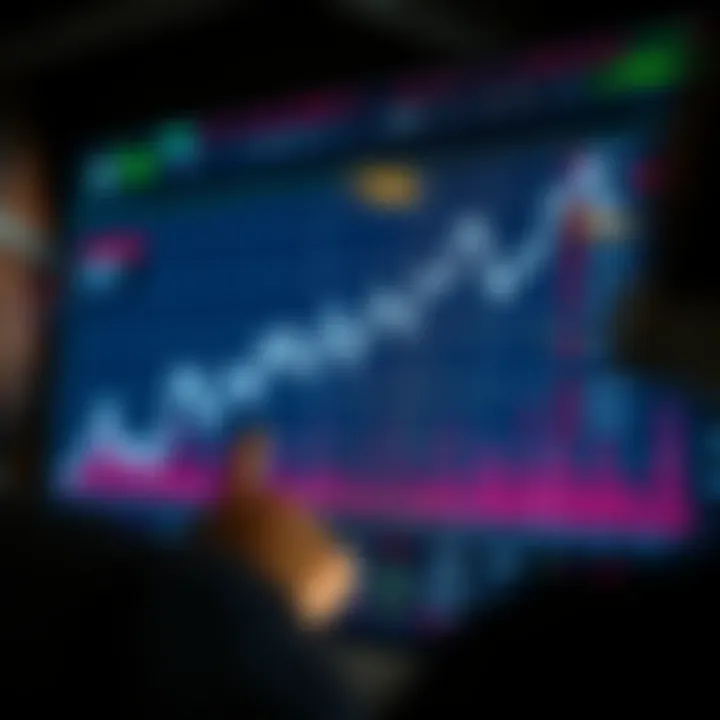 Graph showing upward and downward trends in cryptocurrency prices with digital data overlay