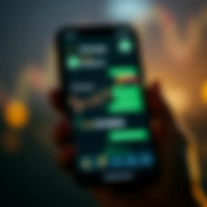 Conceptual illustration of mobile phone screen displaying cryptocurrency charts and WhatsApp chat with signal alerts