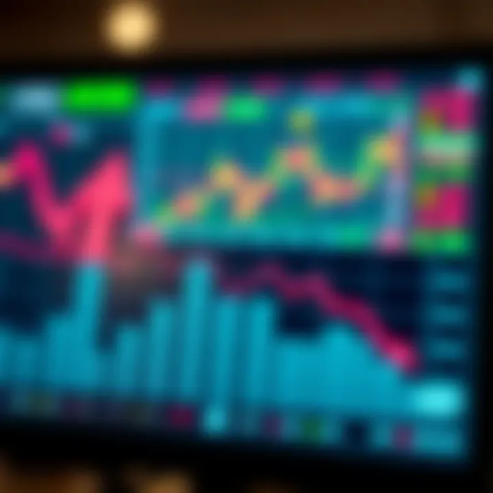 Graph showing binary options trading trends with rising and falling arrows representing market fluctuations