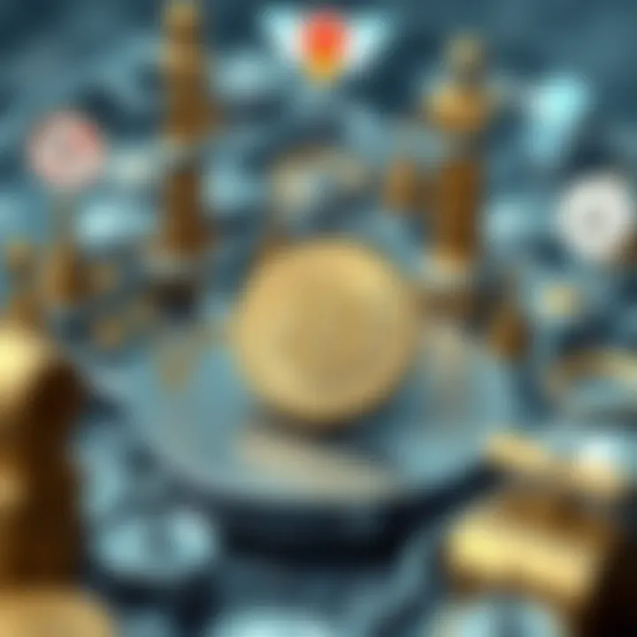 Digital representation of Bitcoin surrounded by icons symbolizing regulations, investment, and market risks
