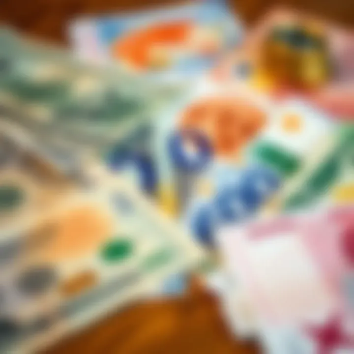 Diverse Global Currencies for Investment Consideration Close-up of various global currency notes including US dollar, Euro, and Pakistani rupee spread out on a table
