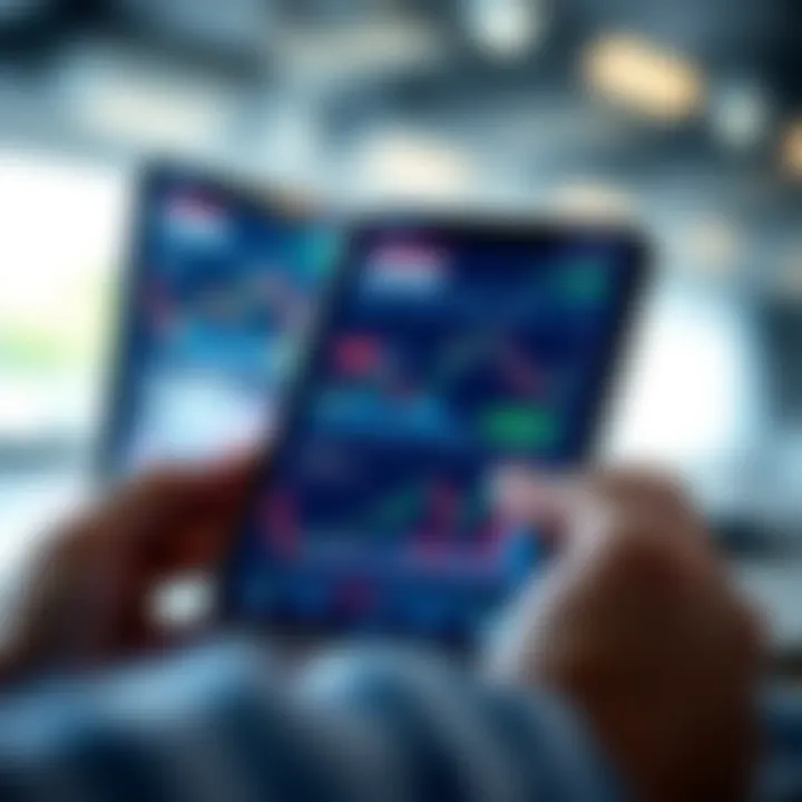 Interface showing various financial charts and trading options on a mobile device