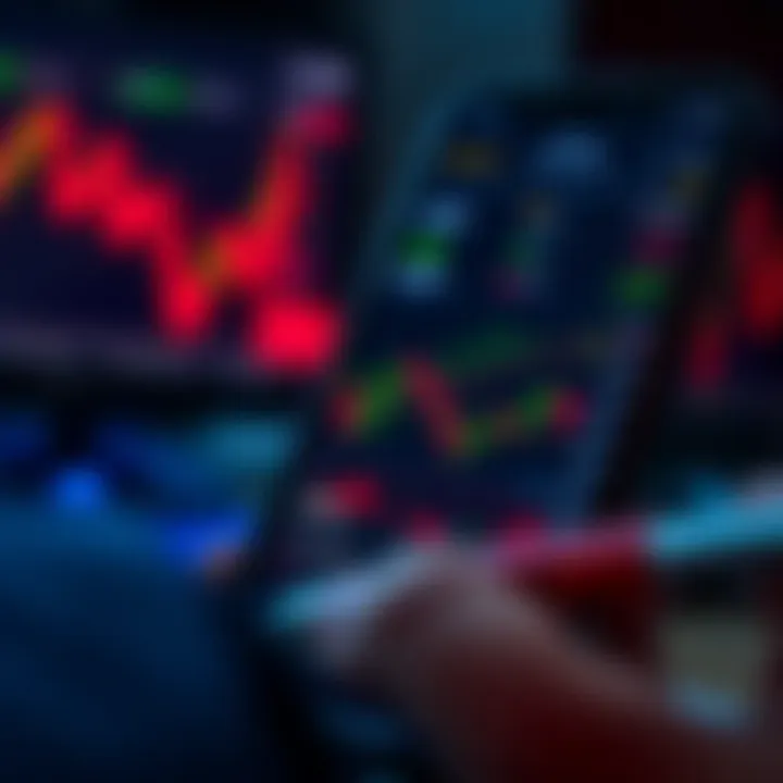 Smartphone screen displaying a detailed trading app interface with charts and statistics