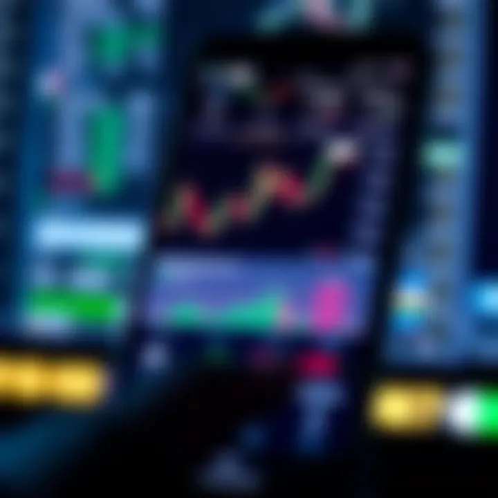 Mobile phone screen showing a detailed trading app interface with charts and market data