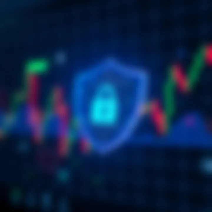 Security shield icon overlayed on a digital trading platform background symbolizing data protection