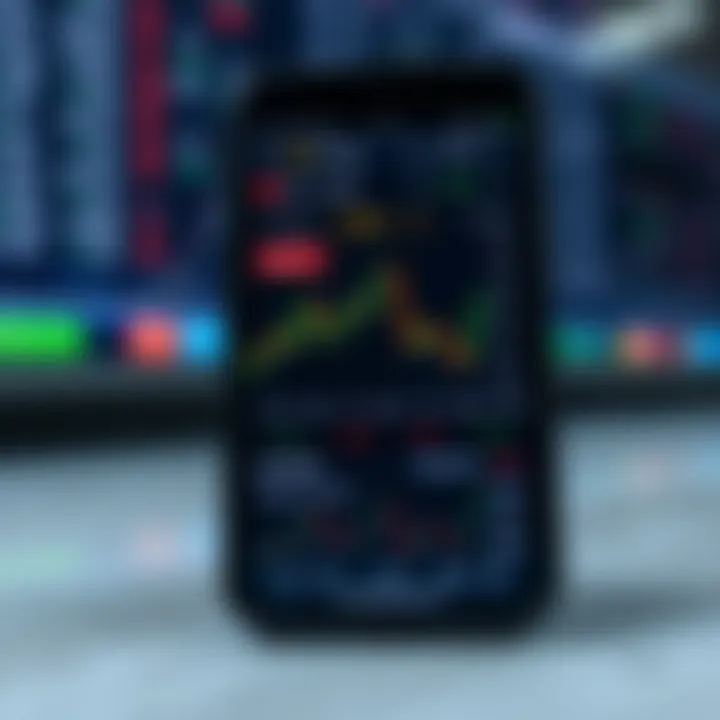 Mobile phone displaying a trading application with real-time stock market data and notifications
