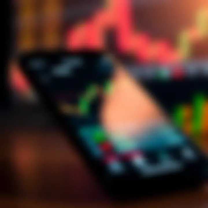 Mobile phone displaying a forex trading app interface with charts and currency pairs