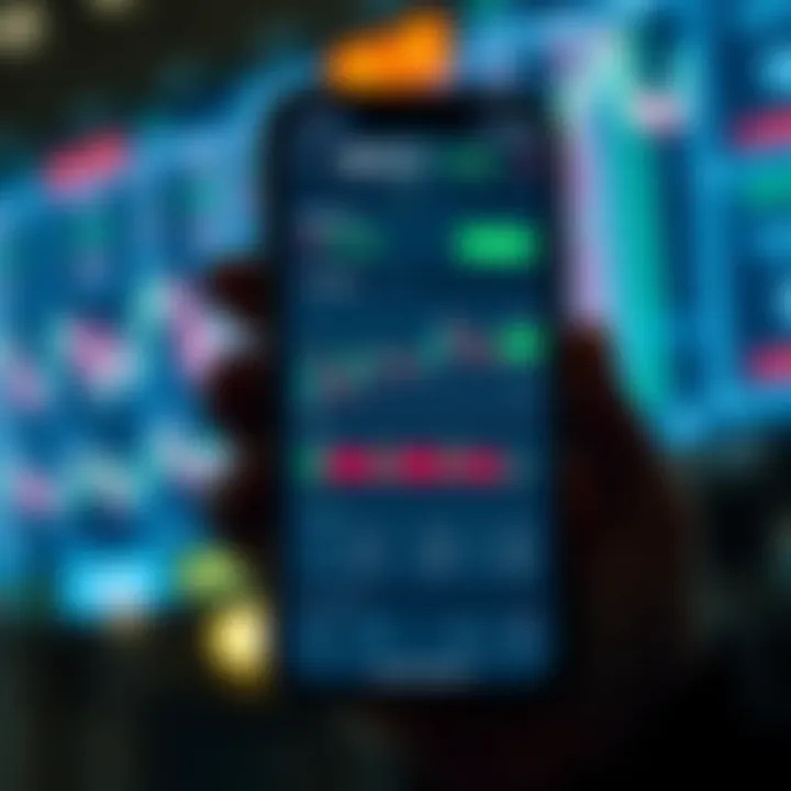 Mobile phone displaying a stock trading app interface with charts and market data