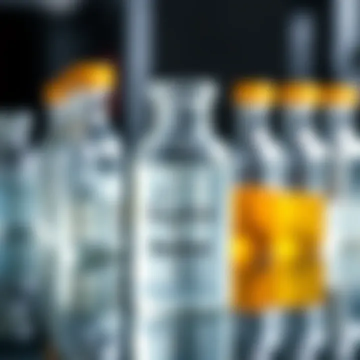 Laboratory glassware containing Quatox solution with chemical formula illustration
