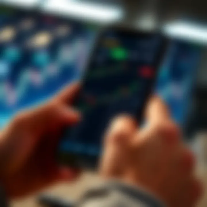 Quotex APK Trading Interface on Mobile Device Mobile phone displaying Quotex trading platform interface with charts and trading options visible