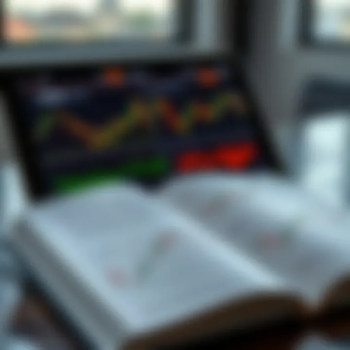 Digital Trading Book Displaying Financial Charts An open digital book displaying trading charts and financial data on a tablet device