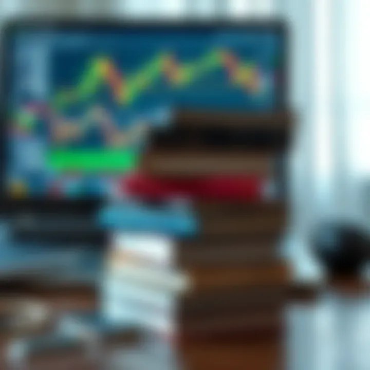 Stack of various trading books and a laptop showing stock market graphs