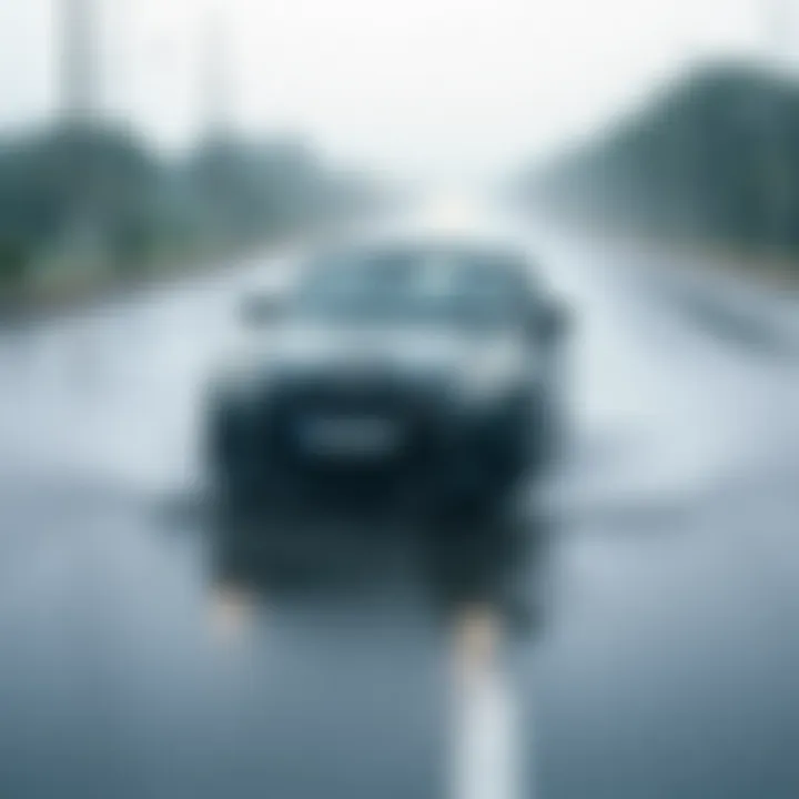 Car driving cautiously on a wet road with visible puddles during heavy rain