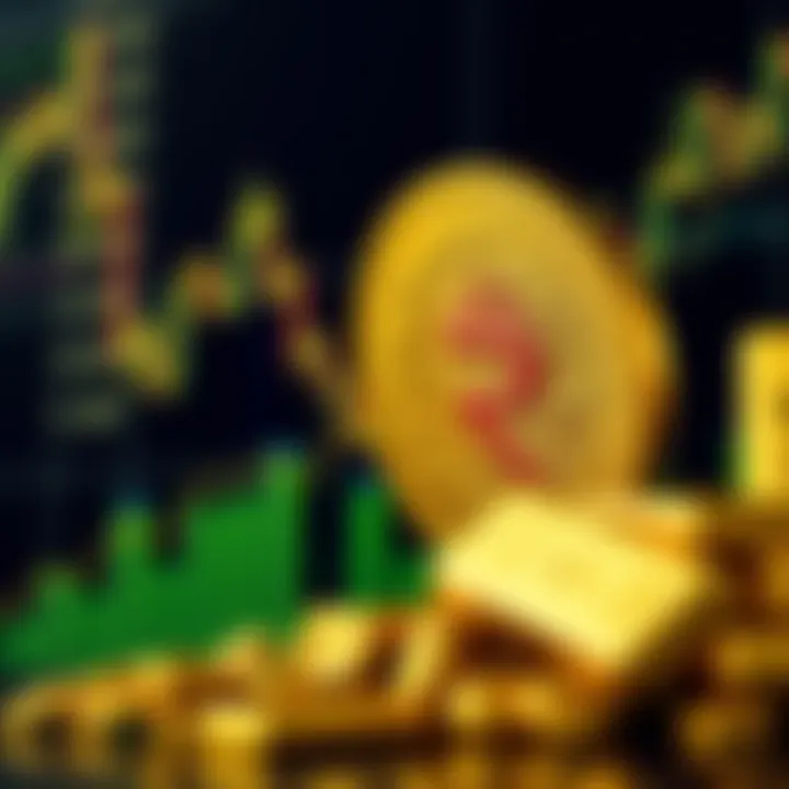 Pakistani rupee symbol with gold bars and global economic indicators