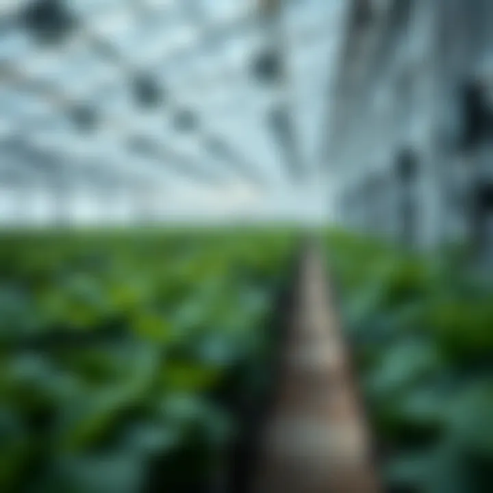Greenhouse interior showing rows of healthy leafy plants with automated environmental controls