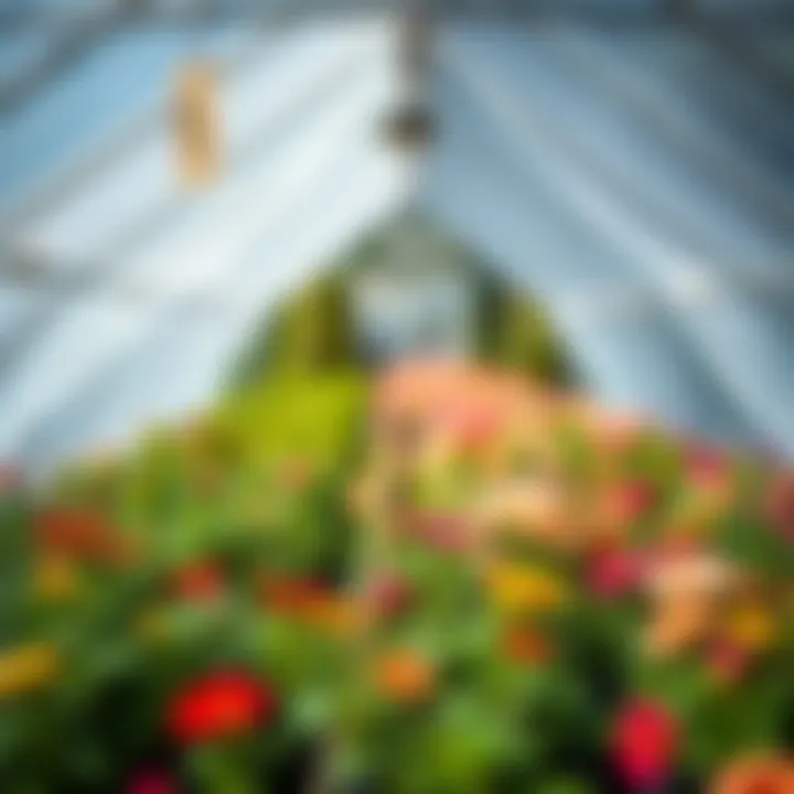 Close-up of vibrant flowering plants thriving under protective greenhouse covers with pest management tools nearby