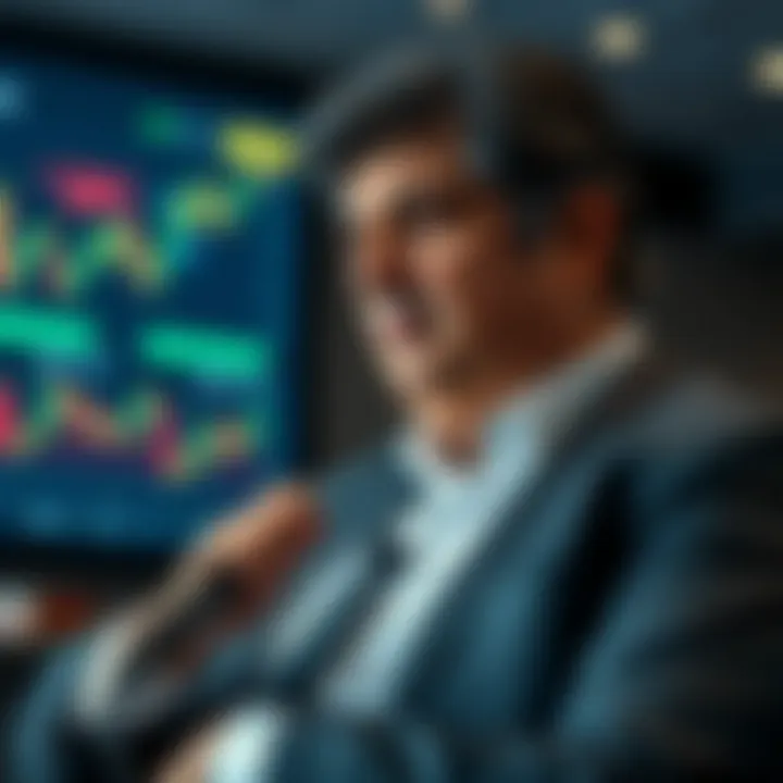 Arif Naqvi speaking at a business conference with financial charts in the background