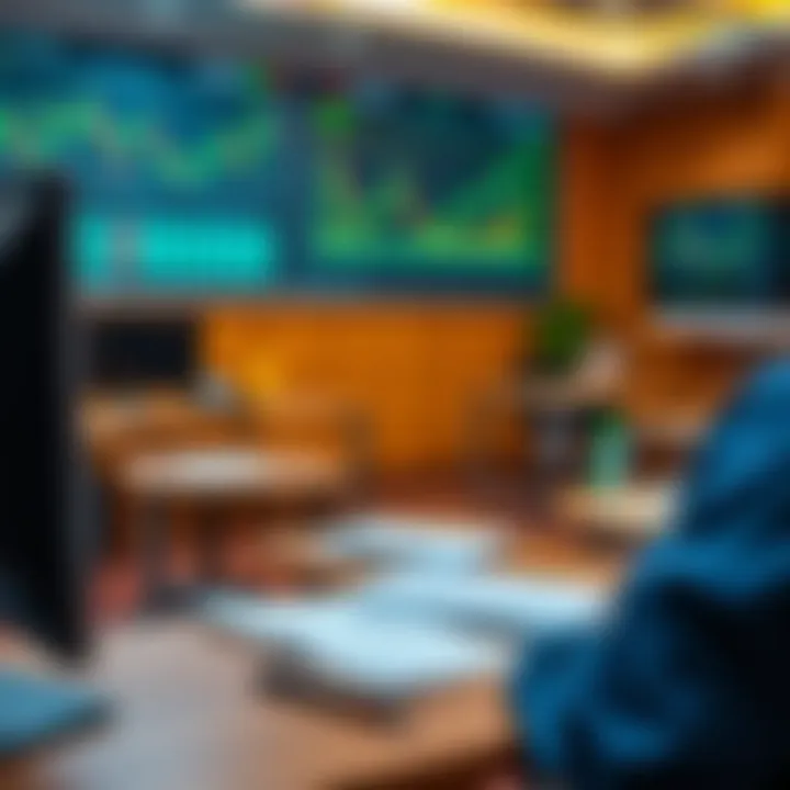 Illustration of a digital classroom with course materials and a chart showing stock trends
