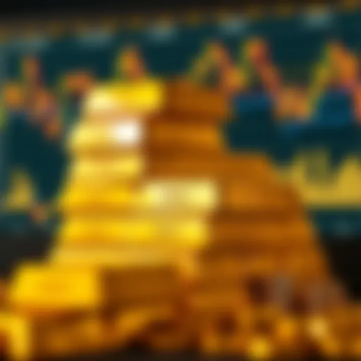 Golden bars stacked with fluctuating financial charts in background representing gold price trends in Pakistan