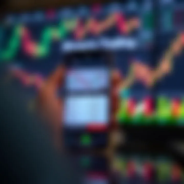 Mobile phone displaying a binary trading app interface with charts and trade options