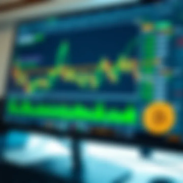 Cryptocurrency trading interface showing price charts and digital currency icons on a computer screen
