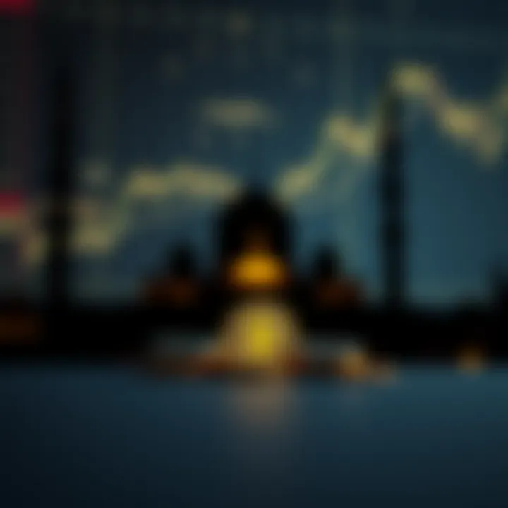 A mosque silhouette against a digital background with cryptocurrency icons representing Islamic views on digital trading