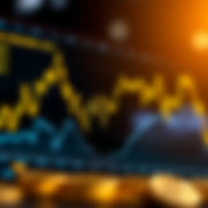 Graph showing upward and downward trends of gold prices against the US dollar over time