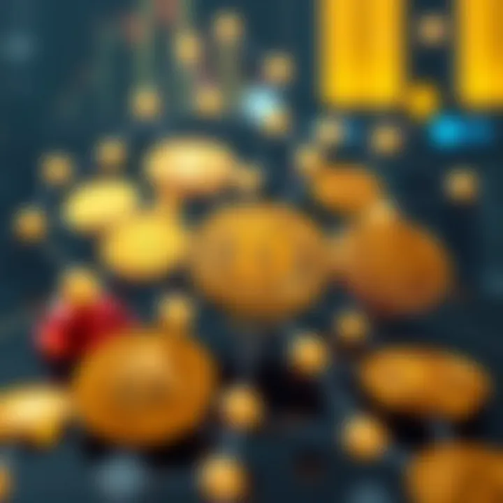 Digital representation of popular cryptocurrency icons interconnected in a network