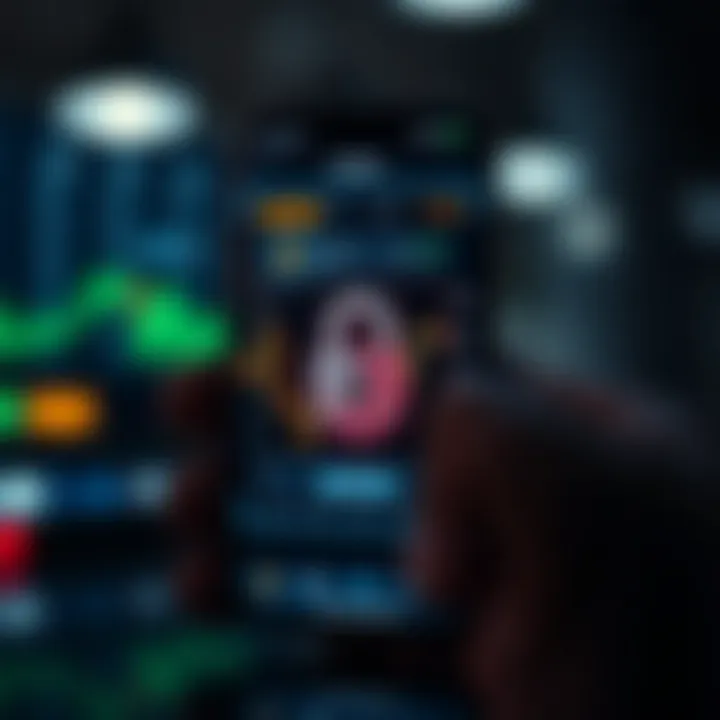 Secure mobile trading app interface showing encryption and security features