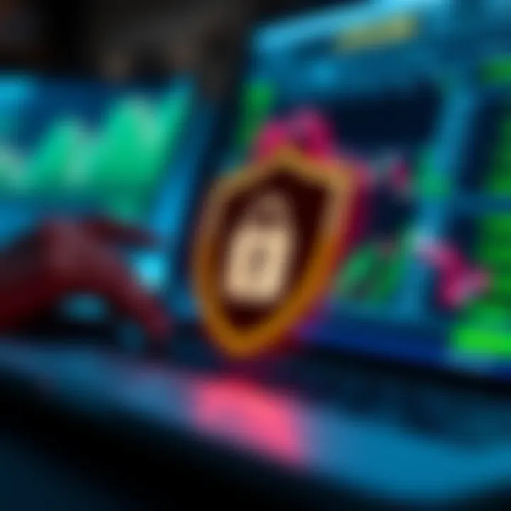 Illustration of secure online transaction with shield symbol representing protection and trust