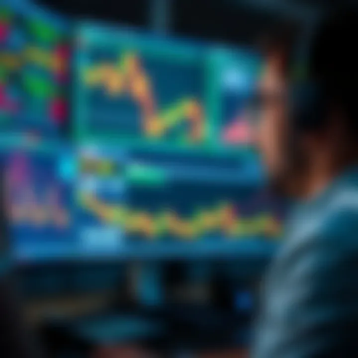 Illustration of a trader evaluating forex data on multiple screens highlighting risk factors and data reliability