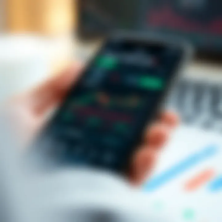 Mobile device displaying a virtual trading platform with stock charts and portfolio overview