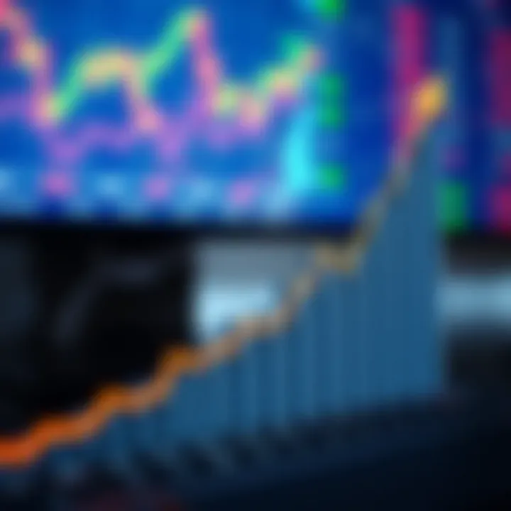 Graph showing upward and downward binary trading options with financial charts in background