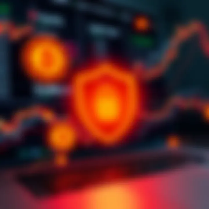 Graphic illustrating secure online transactions with digital currency symbols and protective shield