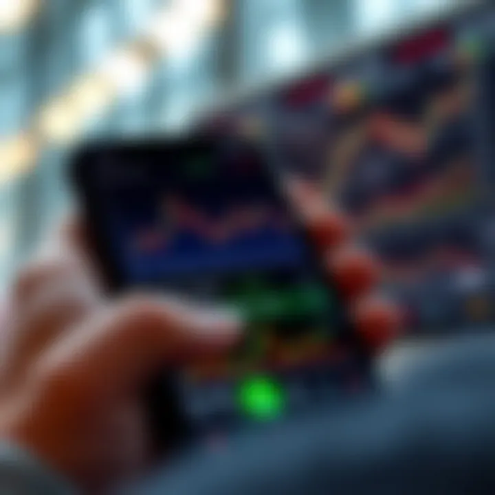 Mobile phone displaying a trading app interface with financial charts and currency symbols