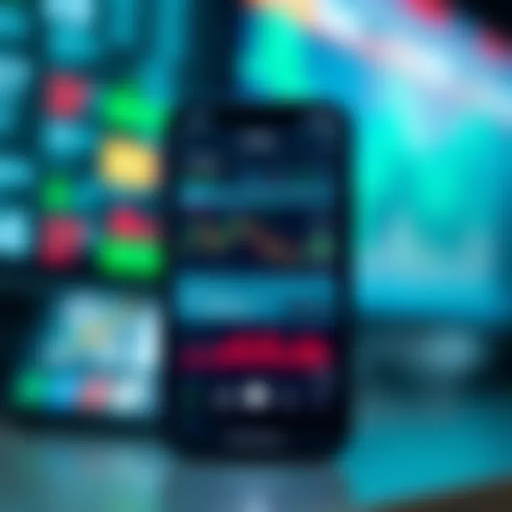 Mobile phone screen displaying a trading application interface with charts and stock data