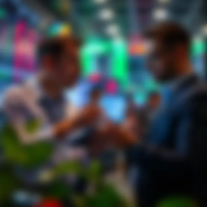 Traders exchanging ideas on digital devices during market discussion