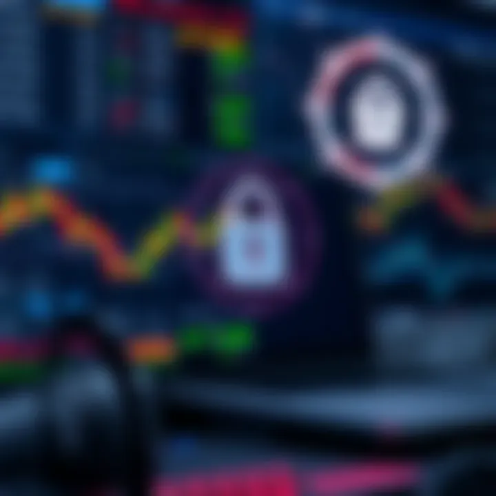 Secure online trading with padlock symbol and financial icons