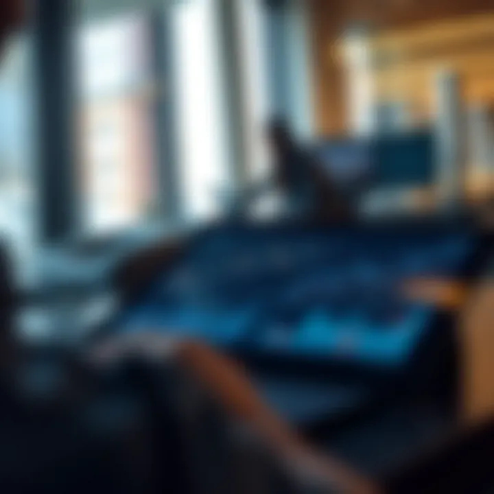 Modern office setting with business charts and graphs on a digital tablet representing investment analysis